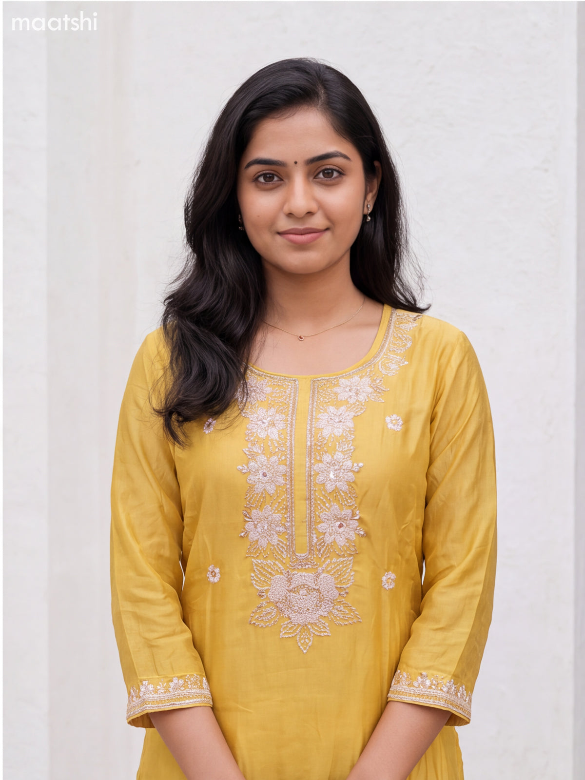 Pale Yellow Art Silk Embroidery Work Straight Suit