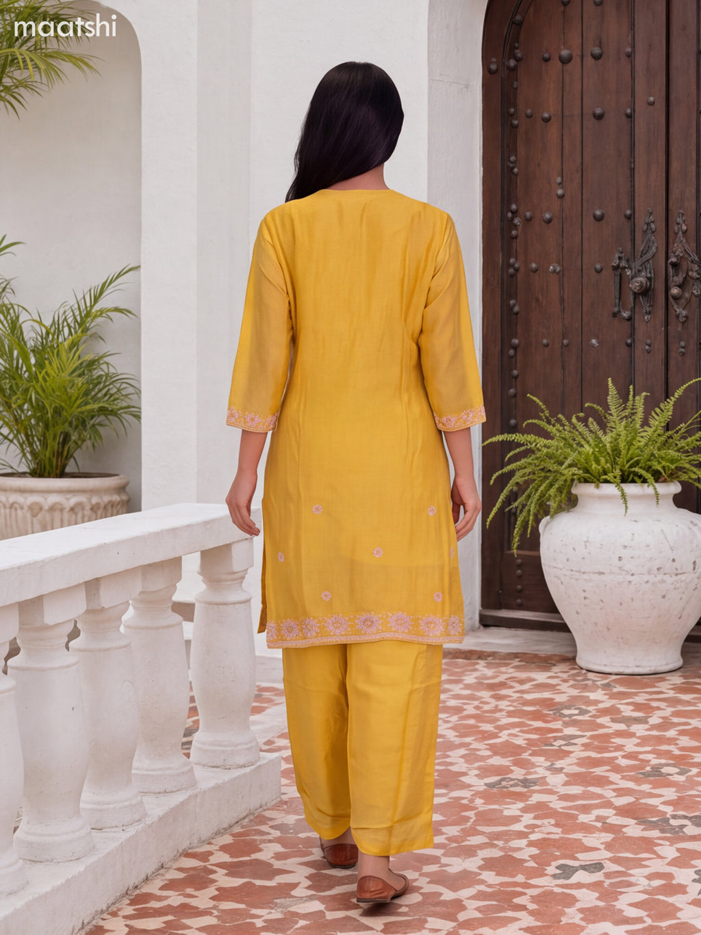 Pale Yellow Art Silk Embroidery Work Straight Suit