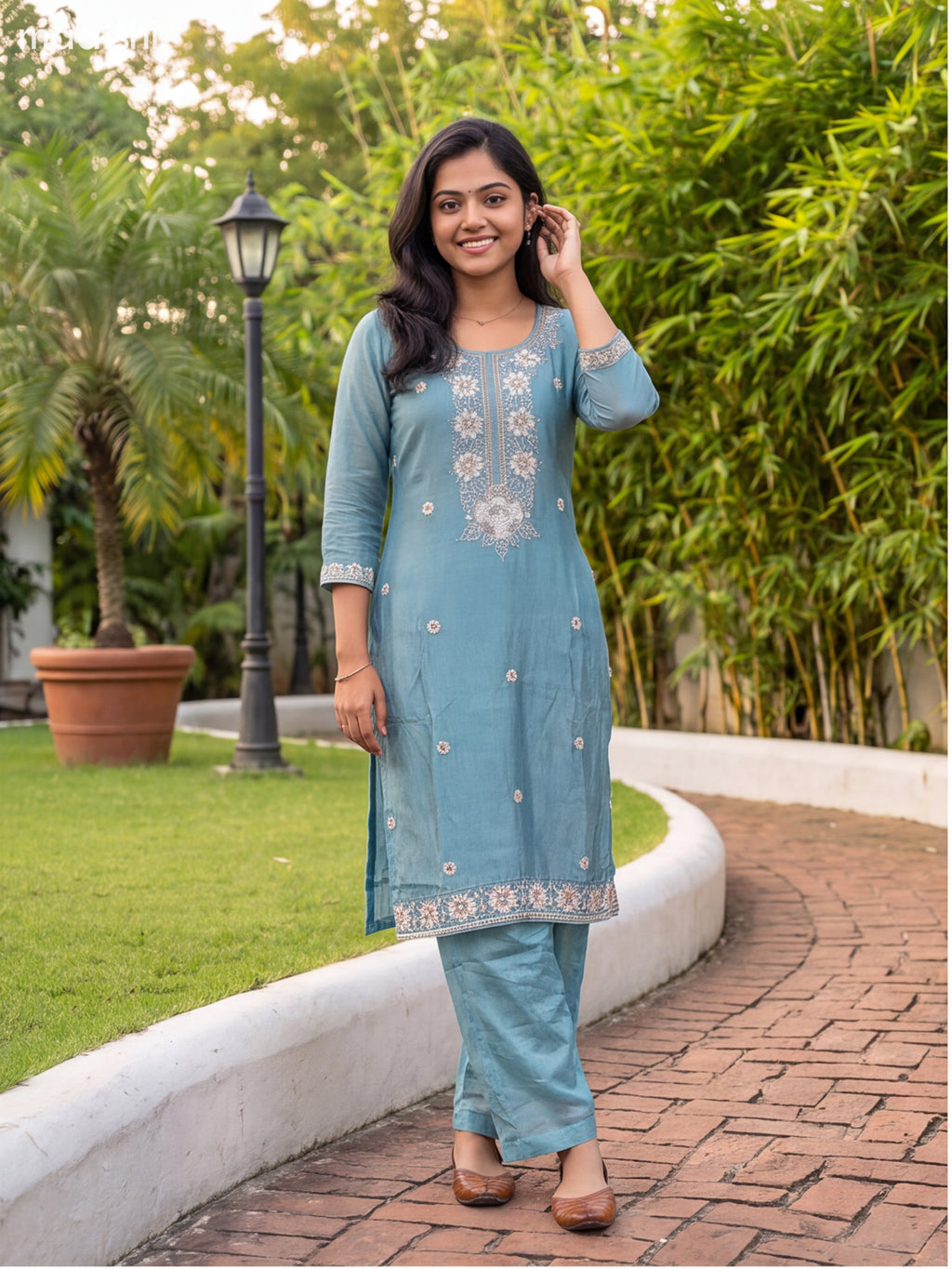 Pastel Blue Art Silk Embroidery Work Straight Suit