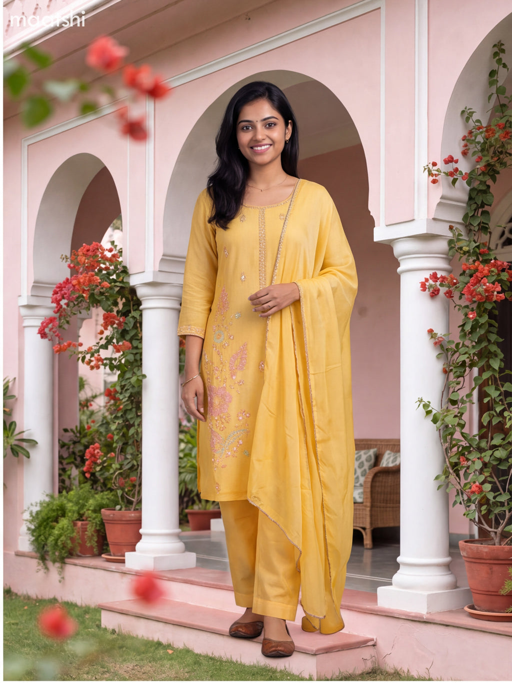 Pale Yellow Art Silk Embroidery Work Straight Suit