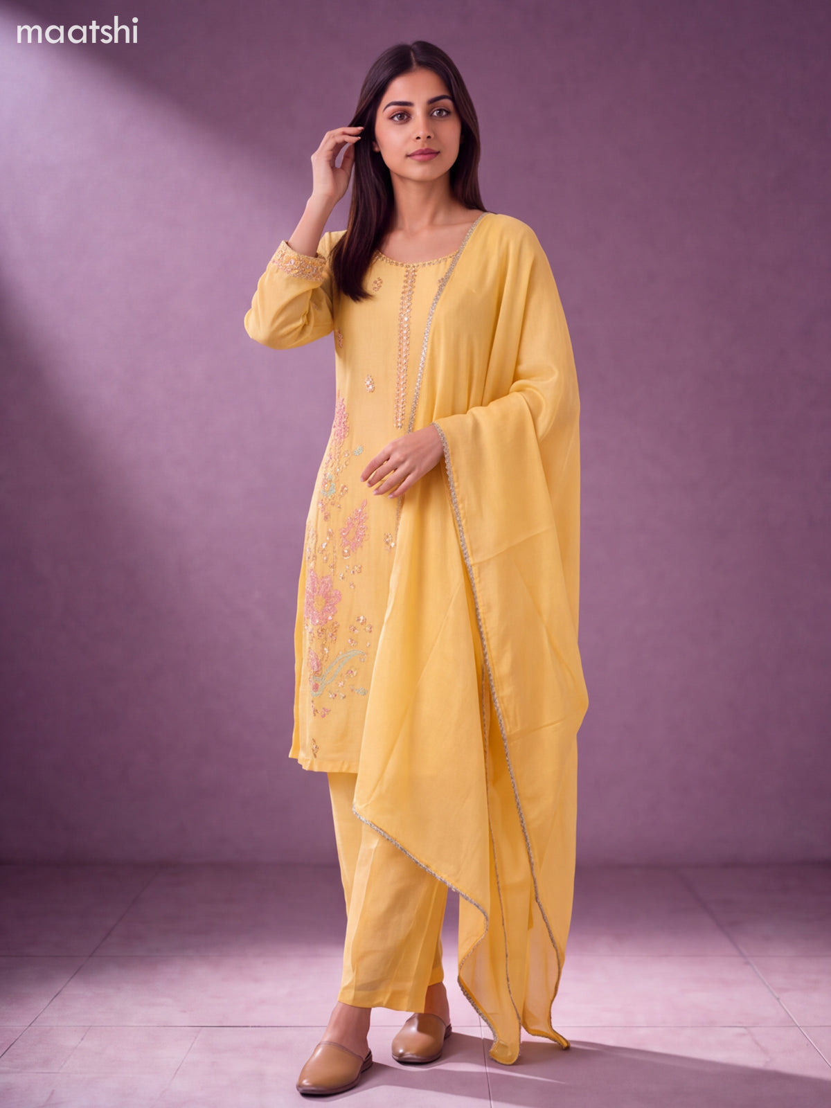 Pale Yellow Art Silk Embroidery Work Straight Suit