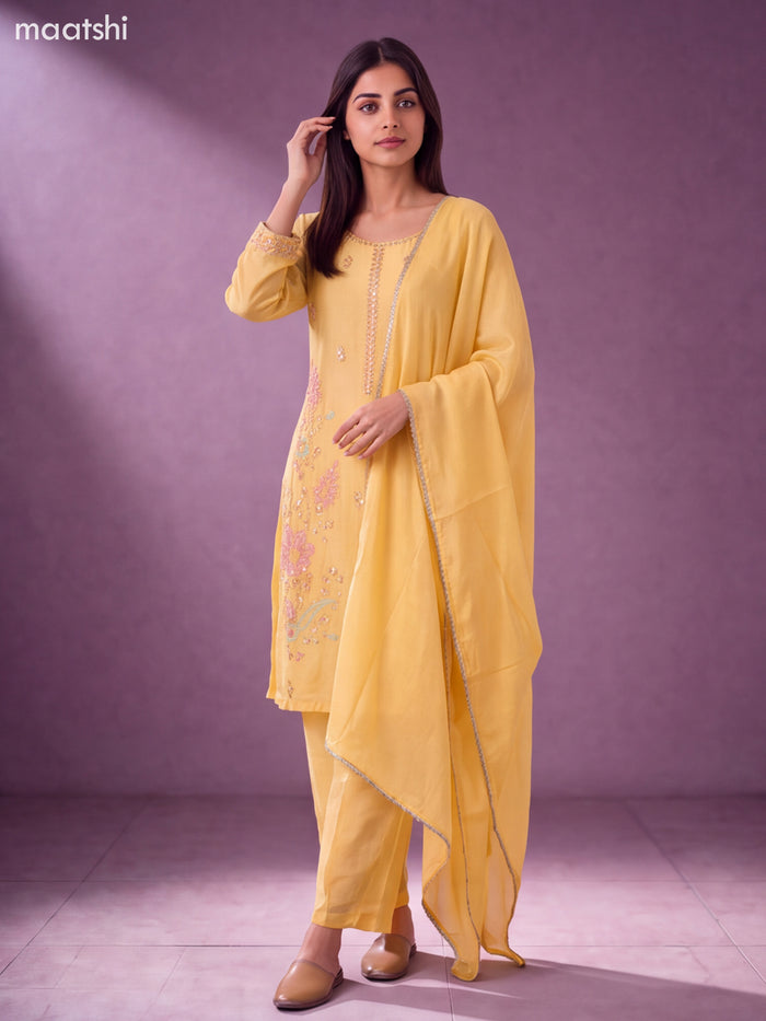 Pale Yellow Art Silk Embroidery Work Straight Suit