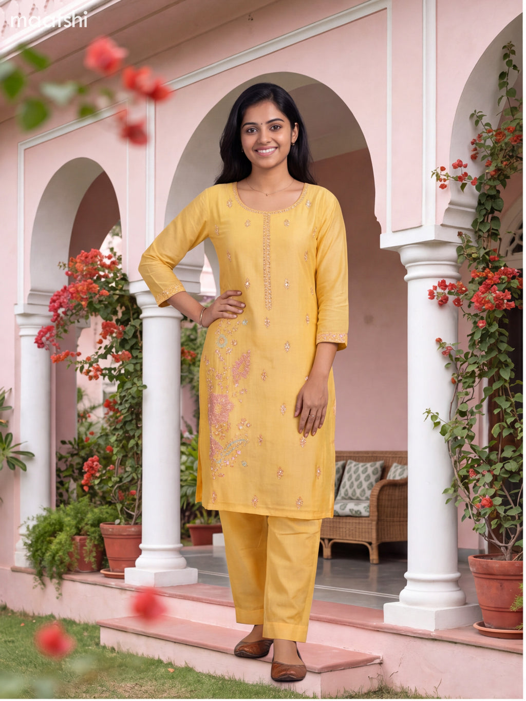Pale Yellow Art Silk Embroidery Work Straight Suit