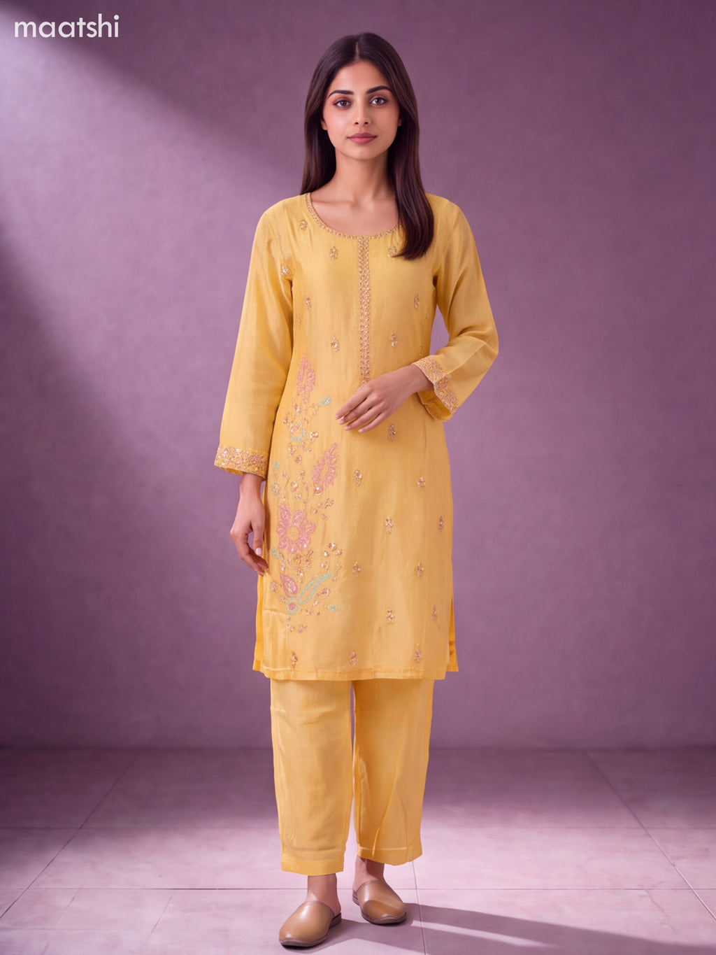 Pale Yellow Art Silk Embroidery Work Straight Suit