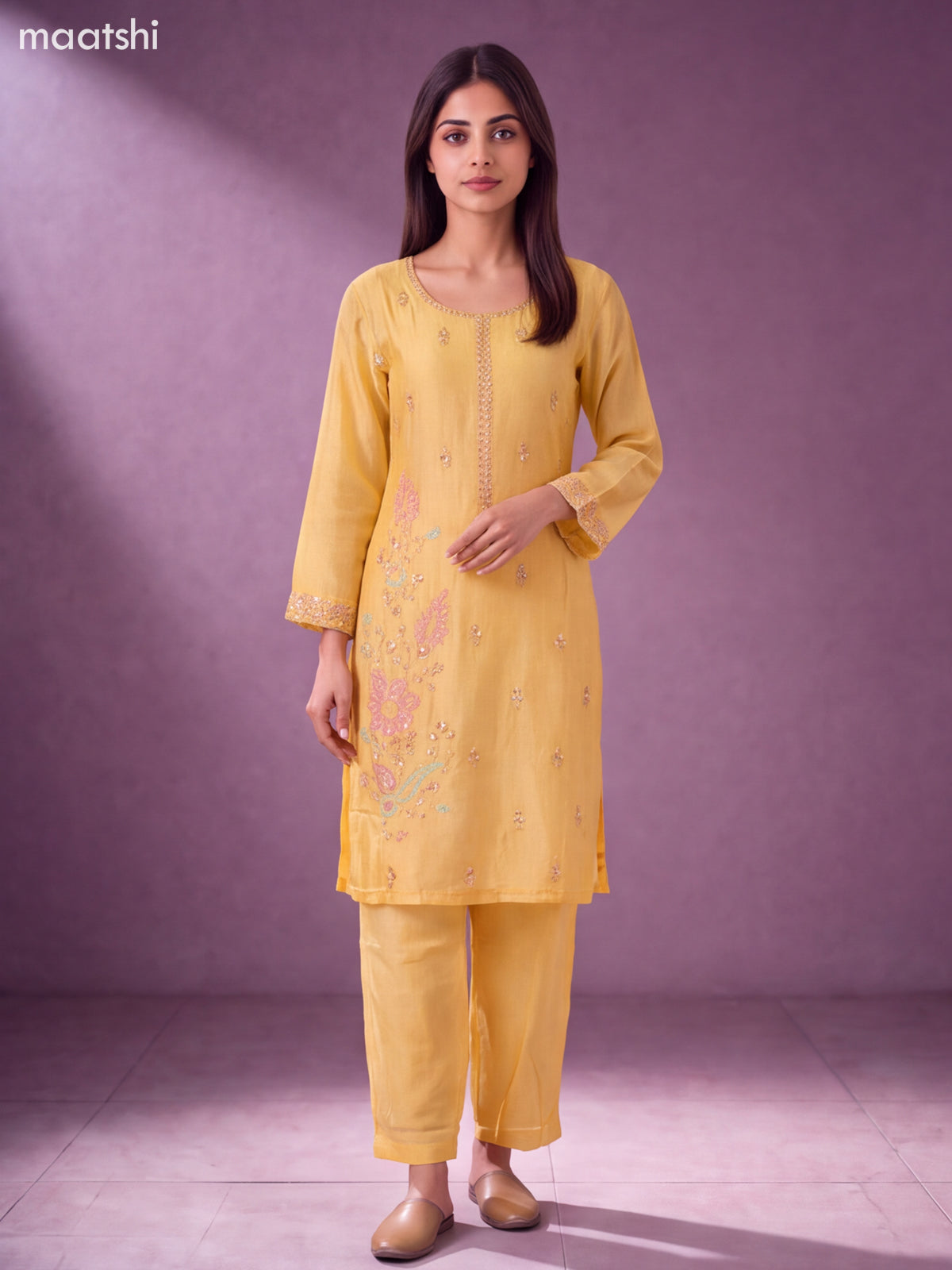 Pale Yellow Art Silk Embroidery Work Straight Suit