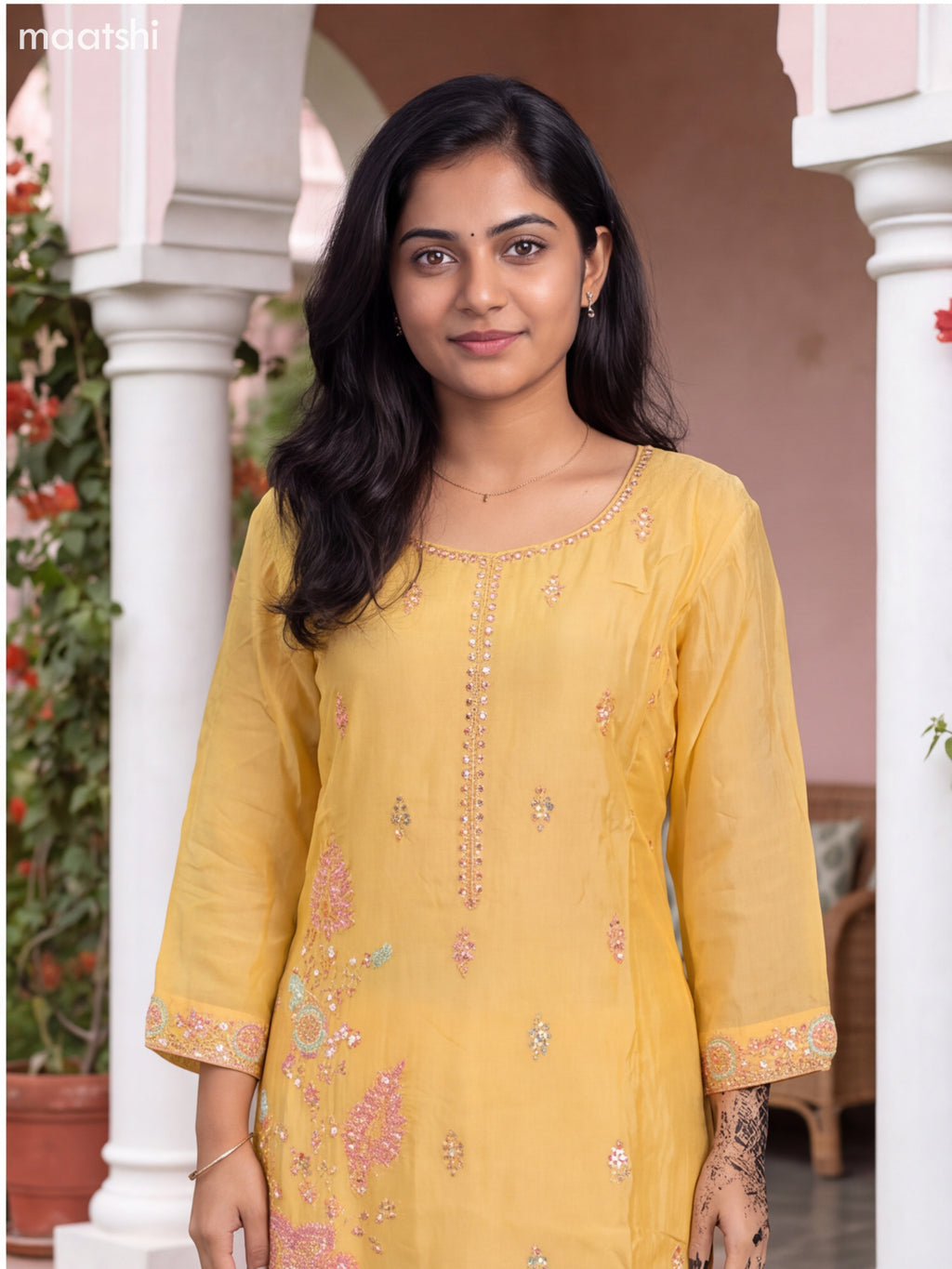 Pale Yellow Art Silk Embroidery Work Straight Suit