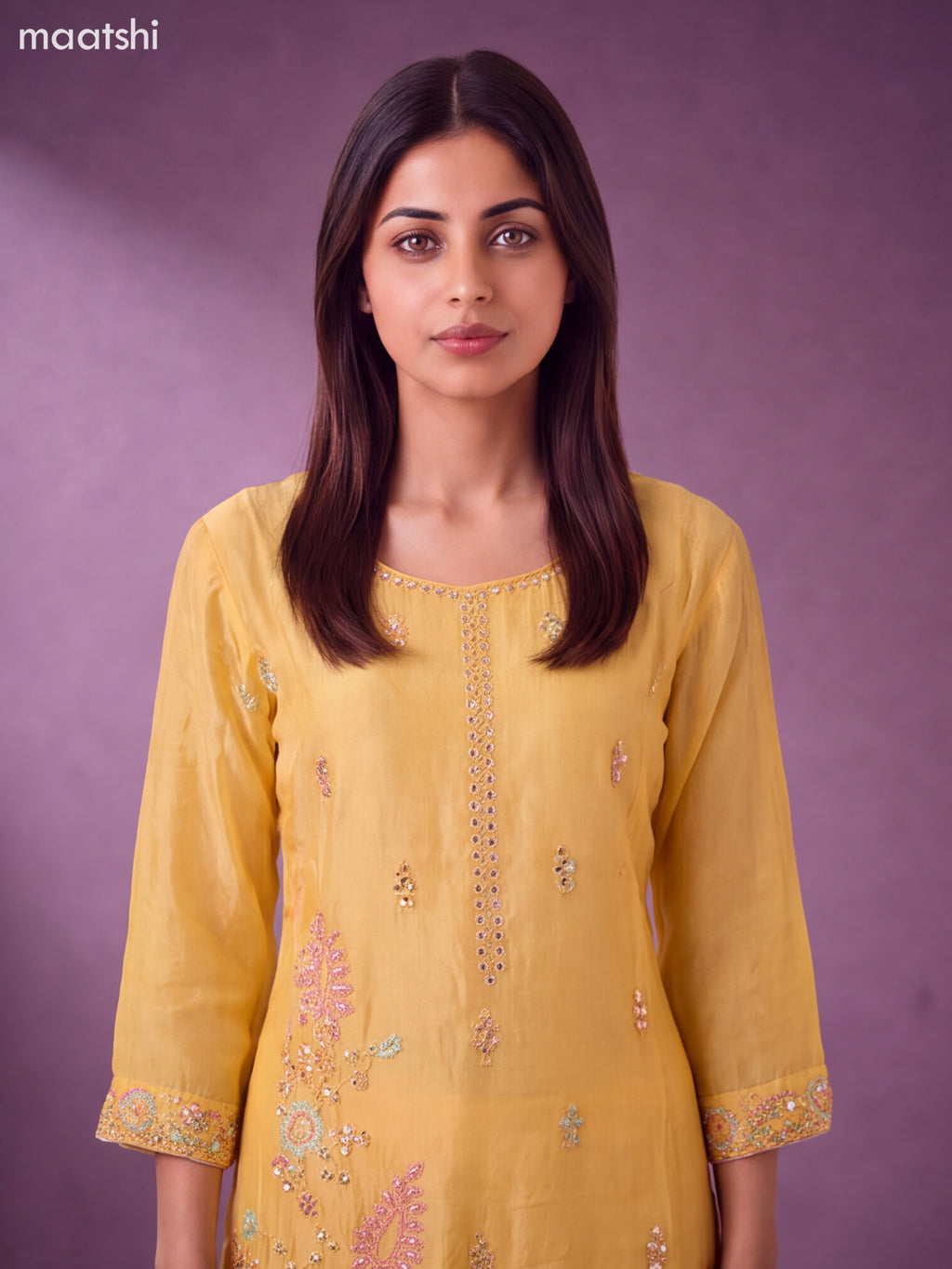 Pale Yellow Art Silk Embroidery Work Straight Suit