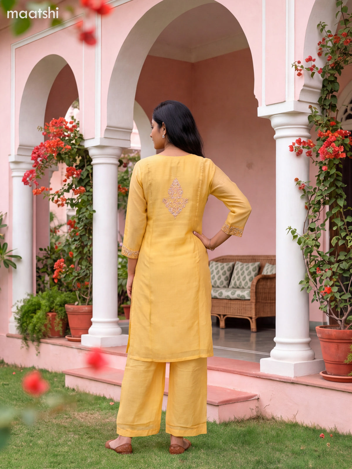 Pale Yellow Art Silk Embroidery Work Straight Suit