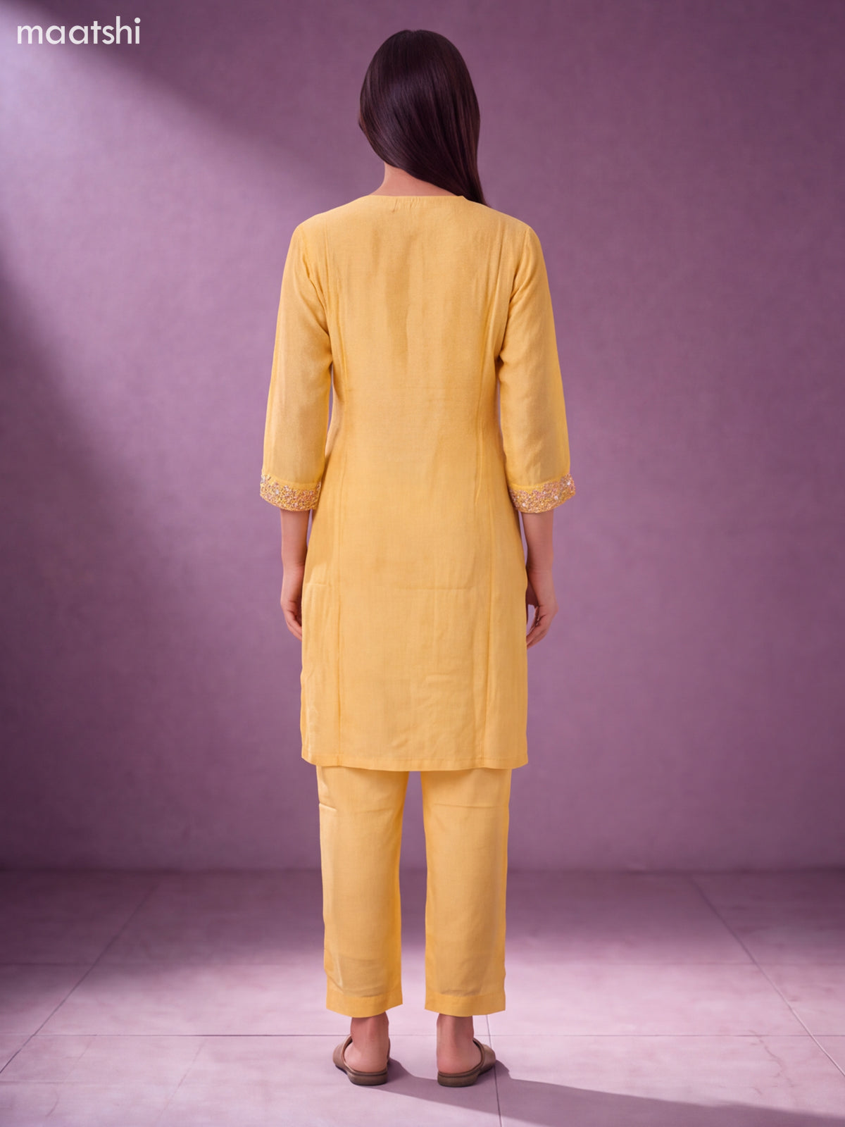 Pale Yellow Art Silk Embroidery Work Straight Suit