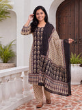 Black and Cream Cotton Printed & Simple Embroidery Work Straight Suit