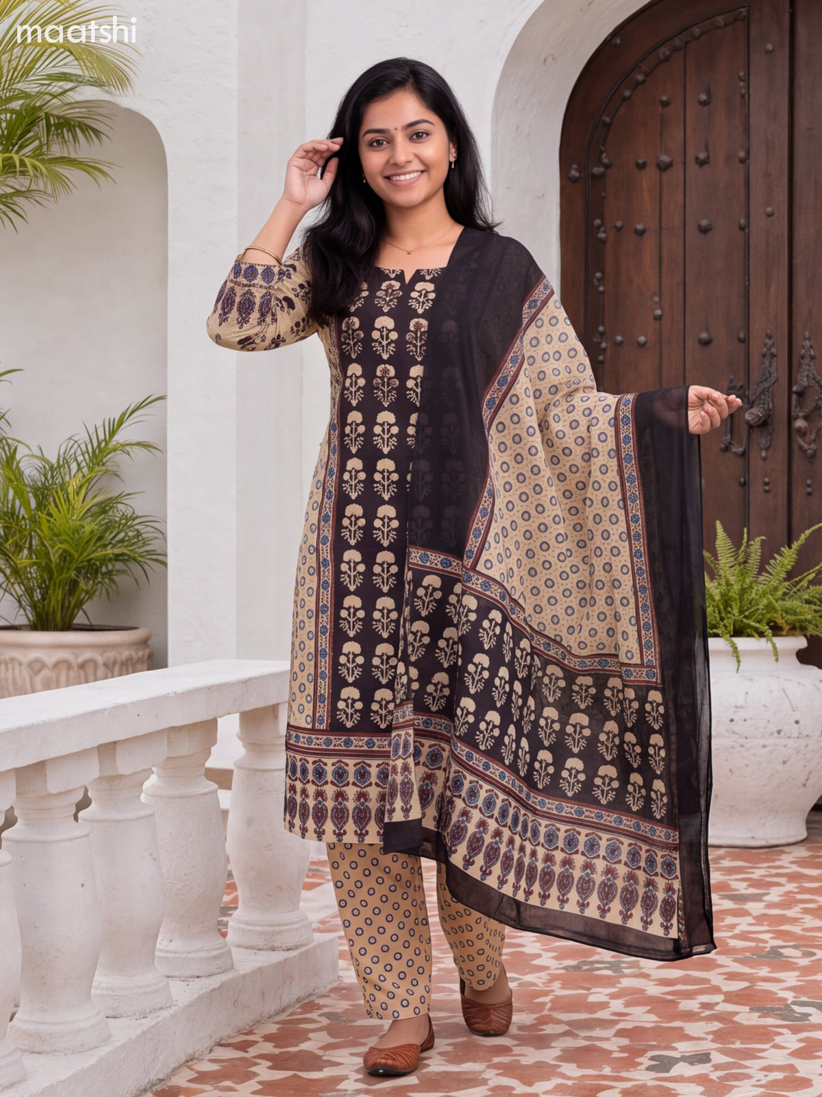 Black and Cream Cotton Printed & Simple Embroidery Work Straight Suit