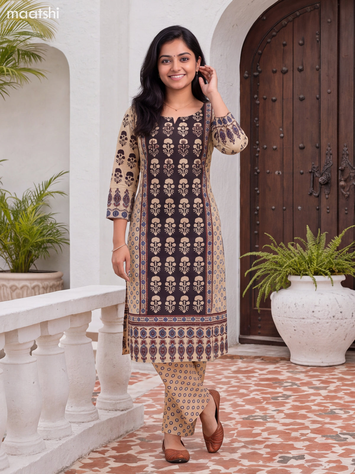 Black and Cream Cotton Printed & Simple Embroidery Work Straight Suit