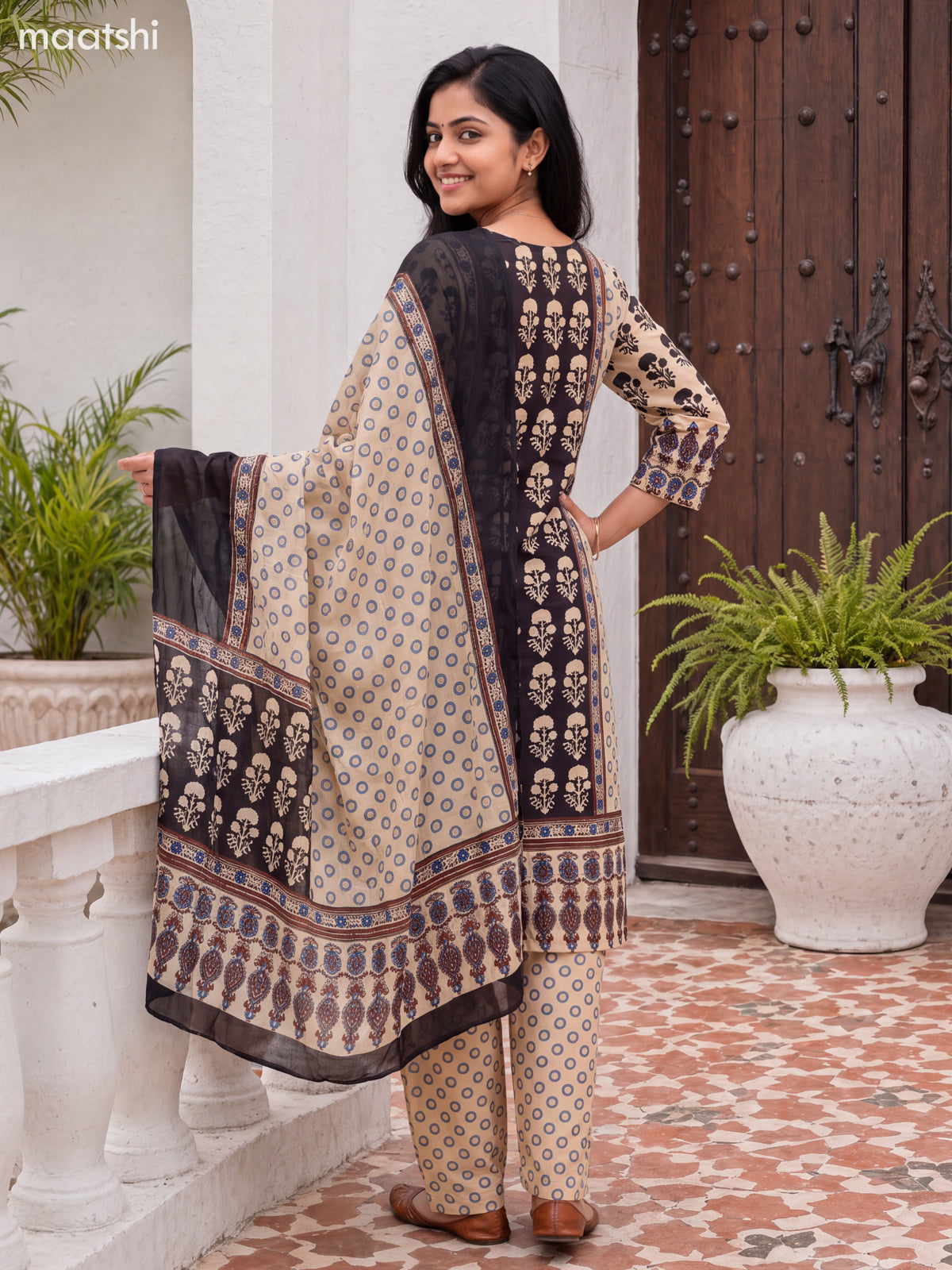 Black and Cream Cotton Printed & Simple Embroidery Work Straight Suit