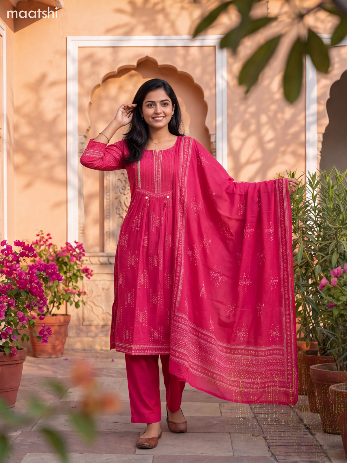 Pink Cotton Printed & Simple Embroidery Work Straight Suit