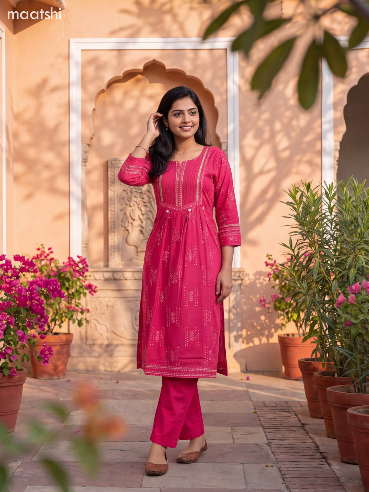 Pink Cotton Printed & Simple Embroidery Work Straight Suit