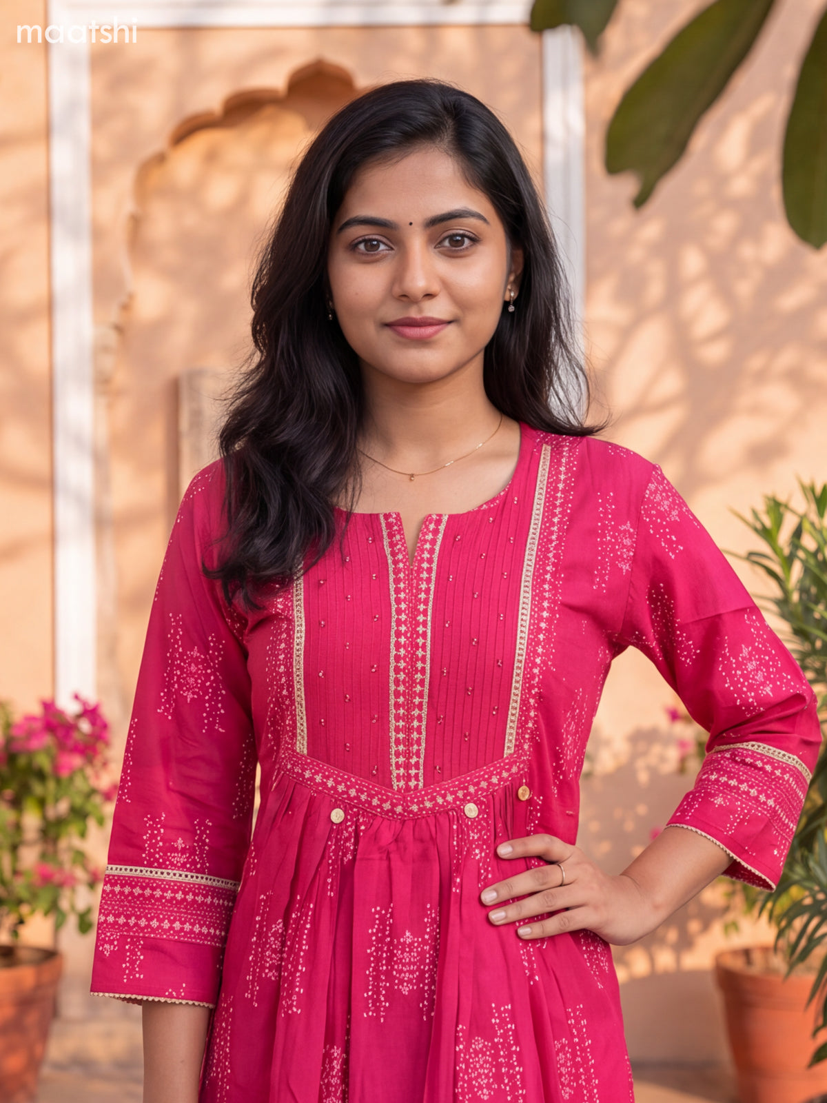 Pink Cotton Printed & Simple Embroidery Work Straight Suit