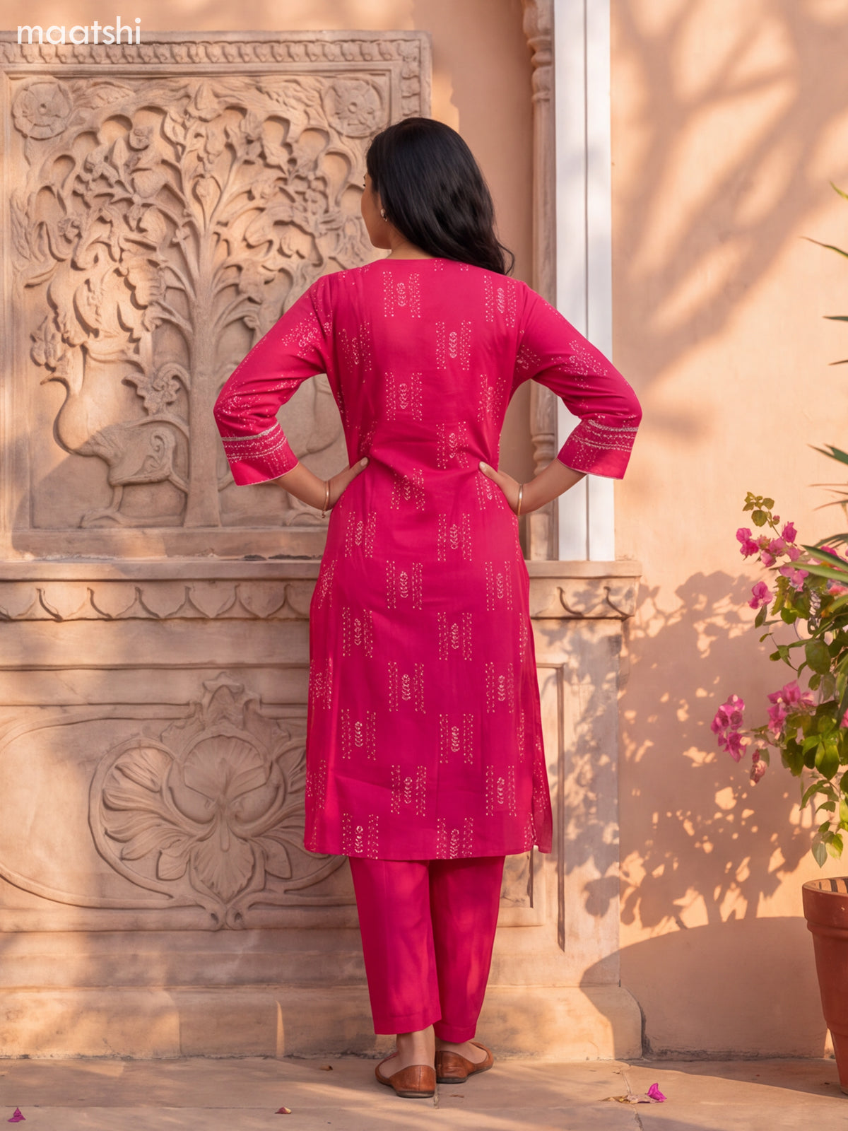Pink Cotton Printed & Simple Embroidery Work Straight Suit