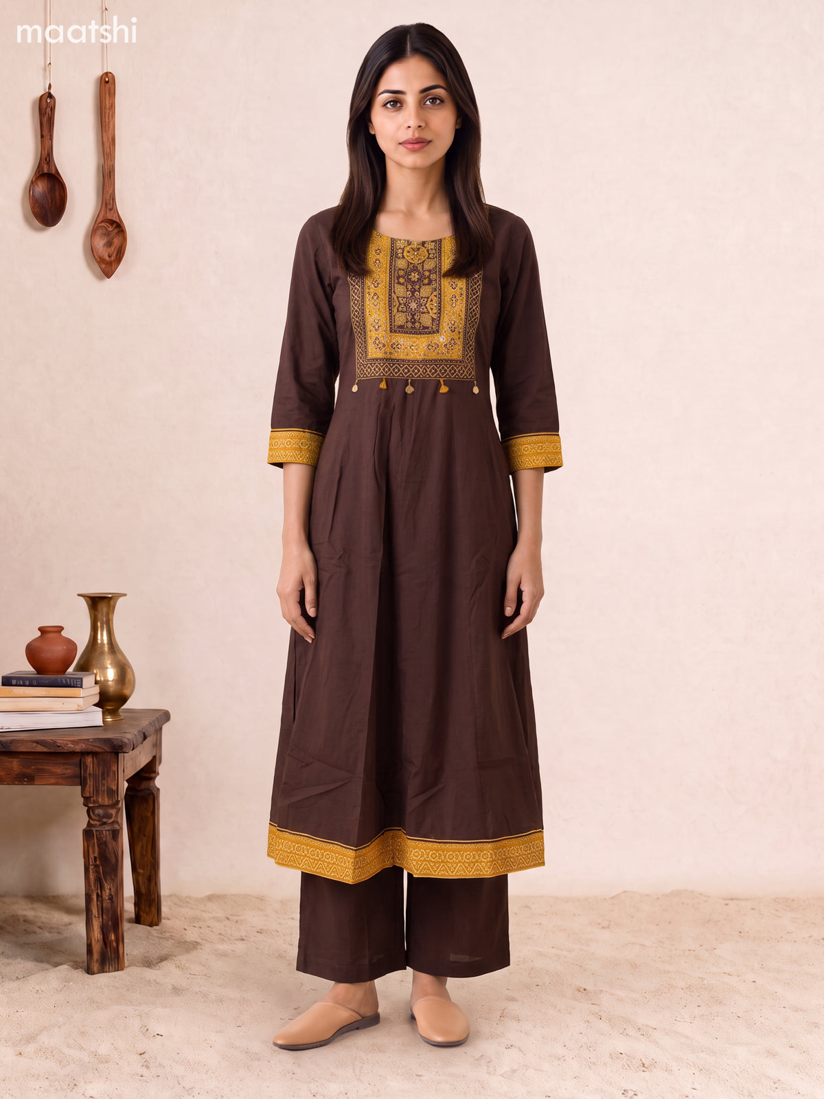Deep Coffee Brown Cotton Printed & Simple Embroidery Work Anarkali Suit