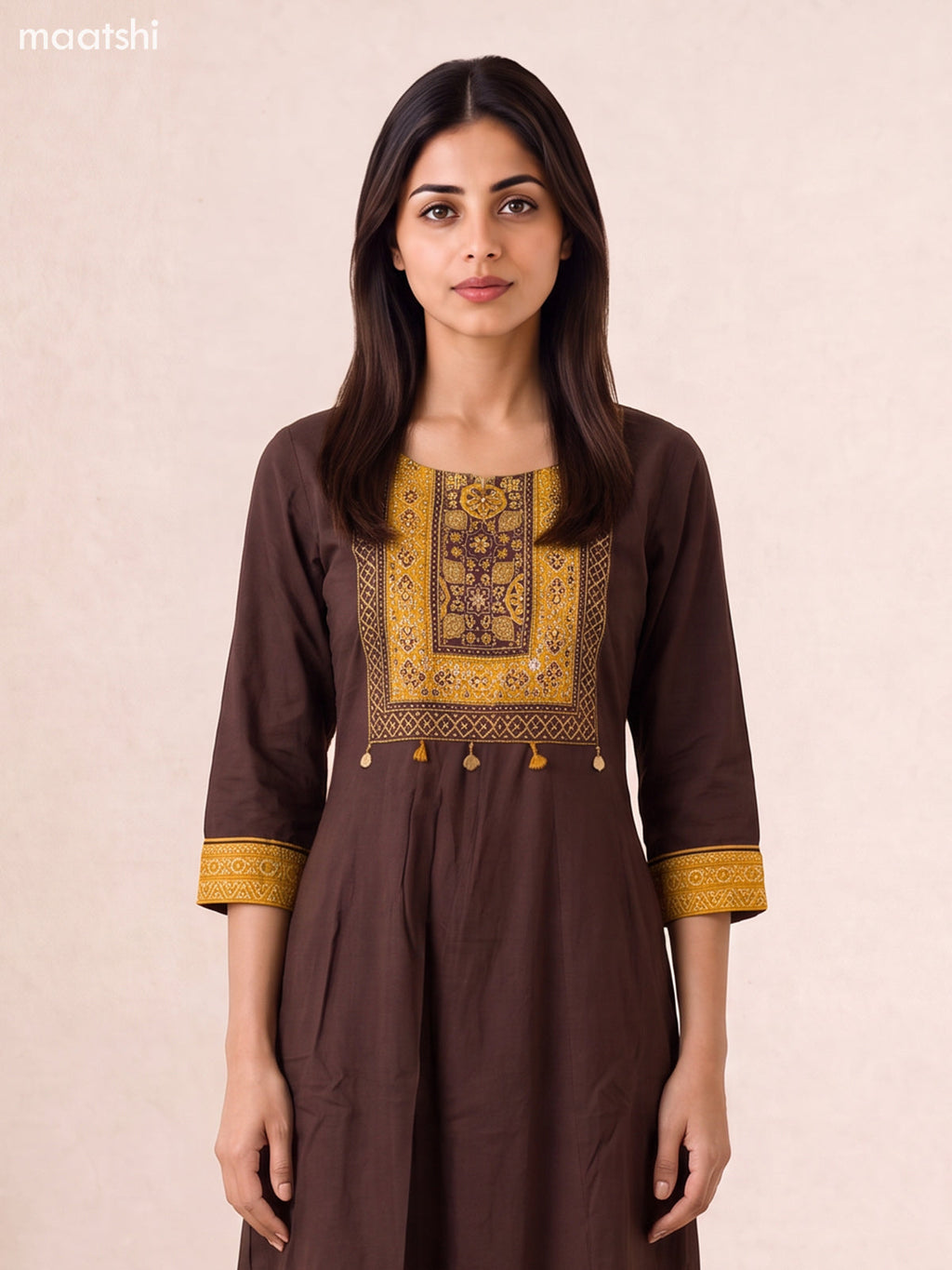 Deep Coffee Brown Cotton Printed & Simple Embroidery Work Anarkali Suit