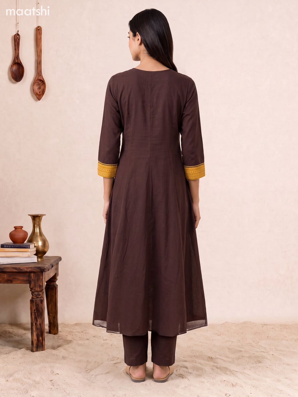 Deep Coffee Brown Cotton Printed & Simple Embroidery Work Anarkali Suit