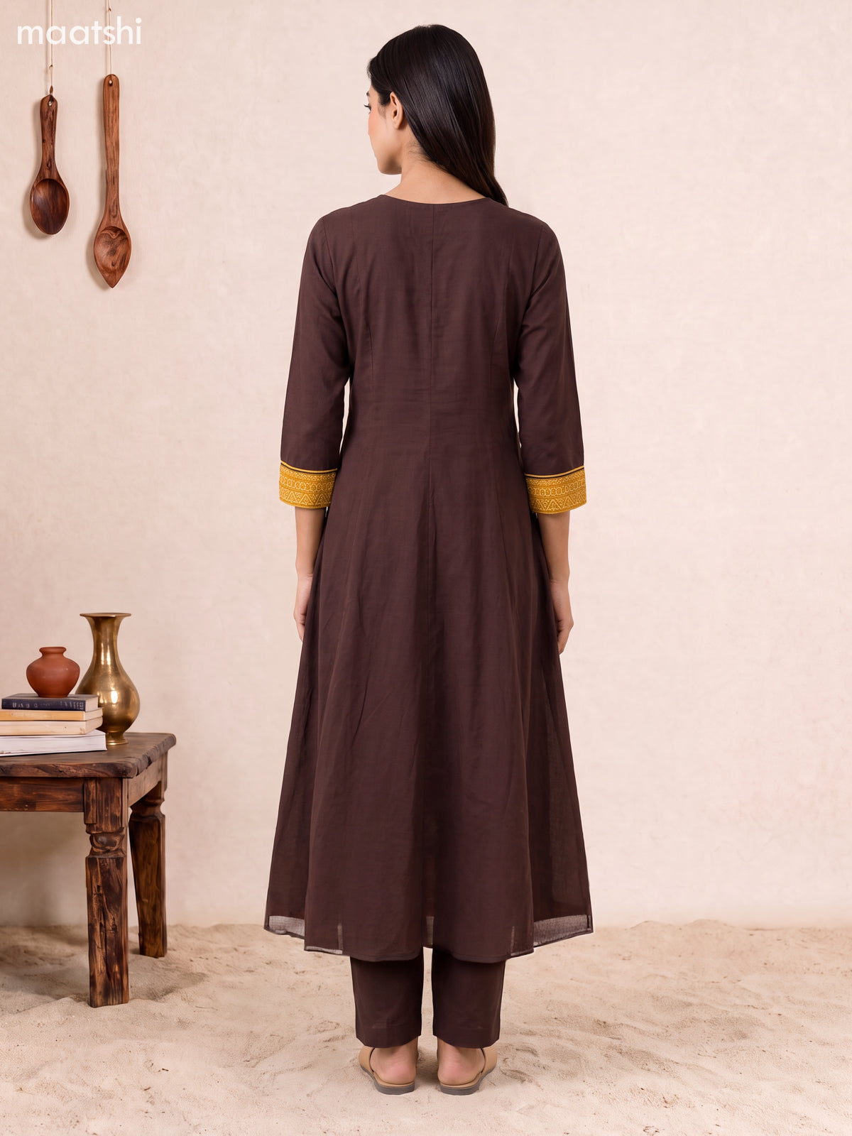 Deep Coffee Brown Cotton Printed & Simple Embroidery Work Anarkali Suit