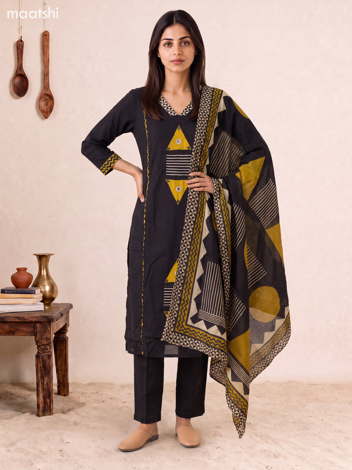 Black Cotton Embroidery Work Straight Suit