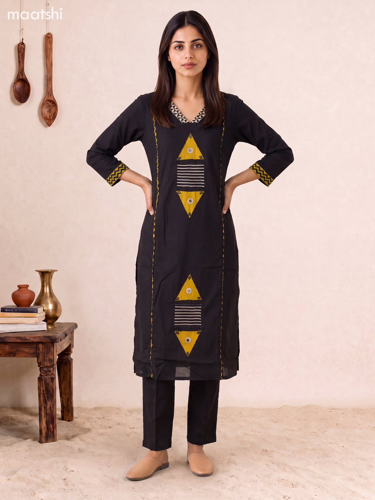 Black Cotton Embroidery Work Straight Suit