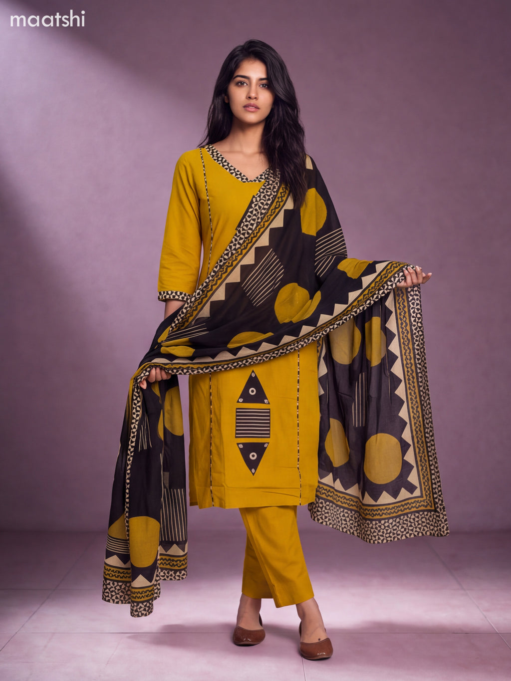 Mustard Yellow Cotton Embroidery Work Straight Suit