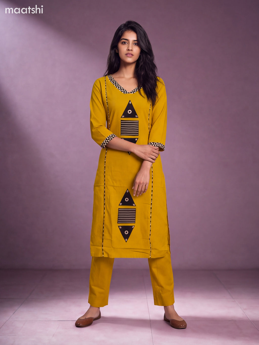 Mustard Yellow Cotton Embroidery Work Straight Suit