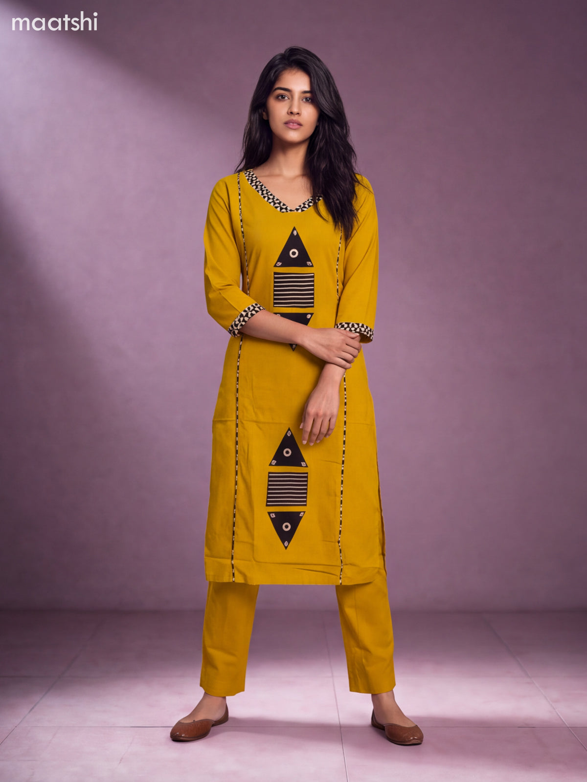 Mustard Yellow Cotton Embroidery Work Straight Suit