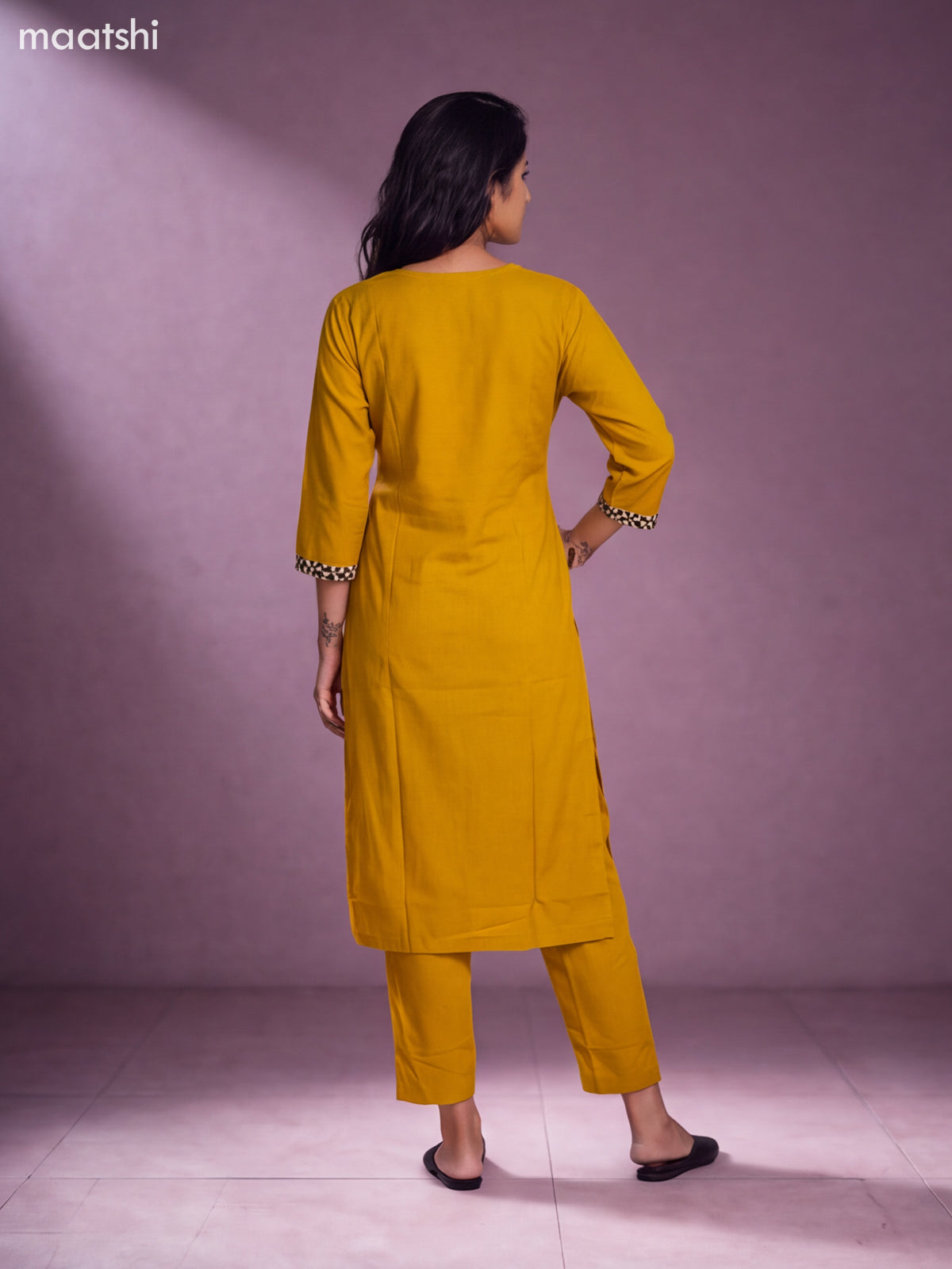 Mustard Yellow Cotton Embroidery Work Straight Suit