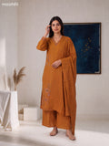 Brown Cotton Embroidery Work Straight Suit