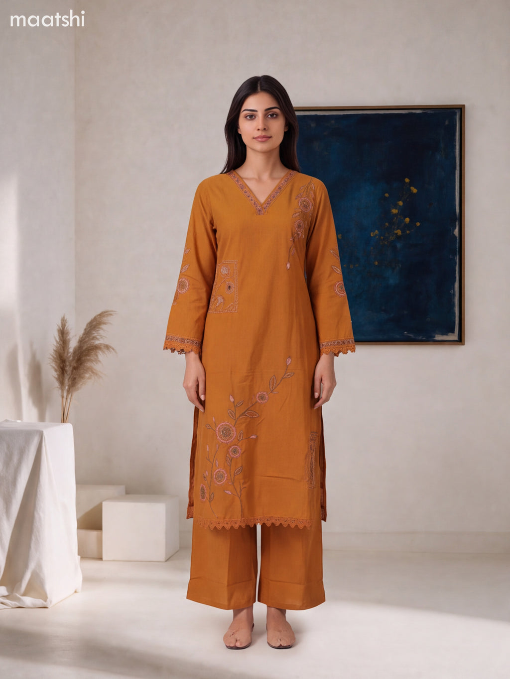 Brown Cotton Embroidery Work Straight Suit