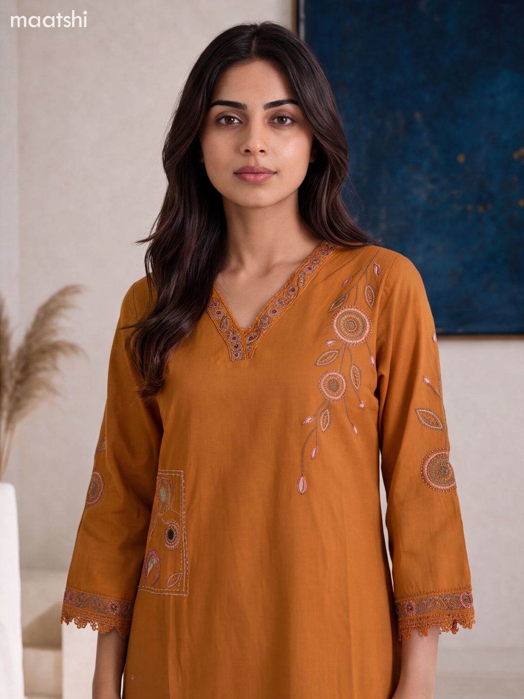 Brown Cotton Embroidery Work Straight Suit
