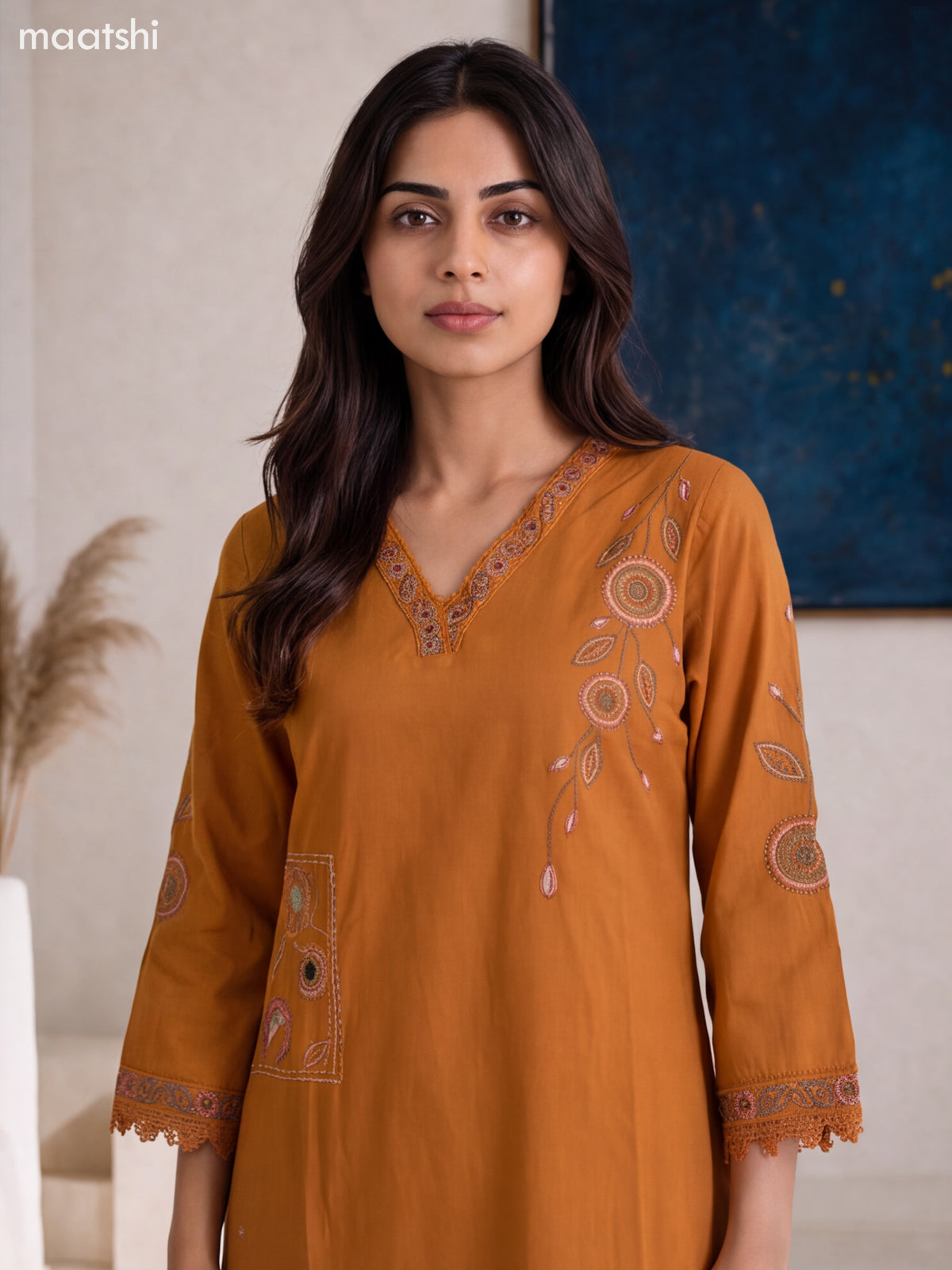 Brown Cotton Embroidery Work Straight Suit