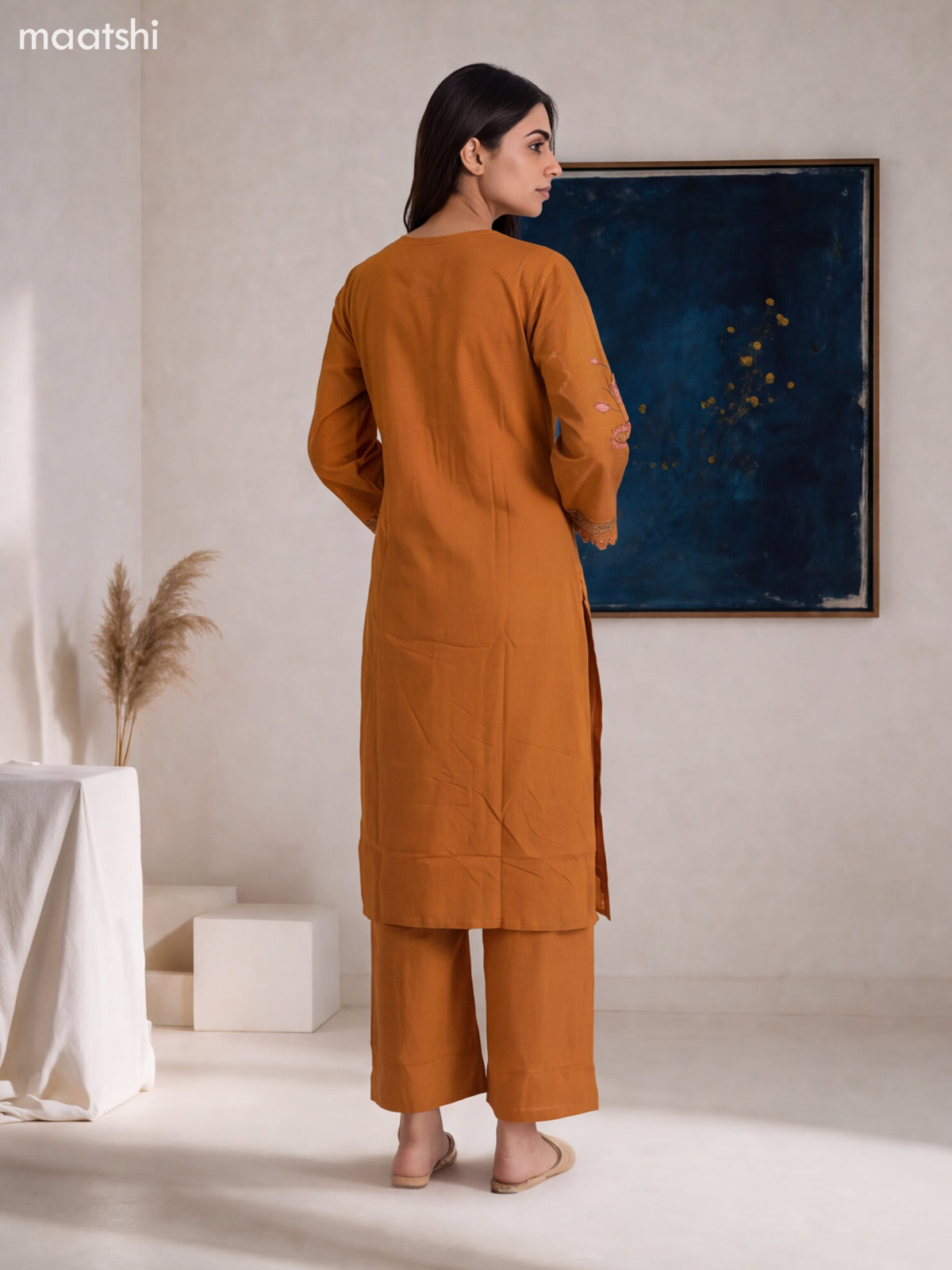 Brown Cotton Embroidery Work Straight Suit