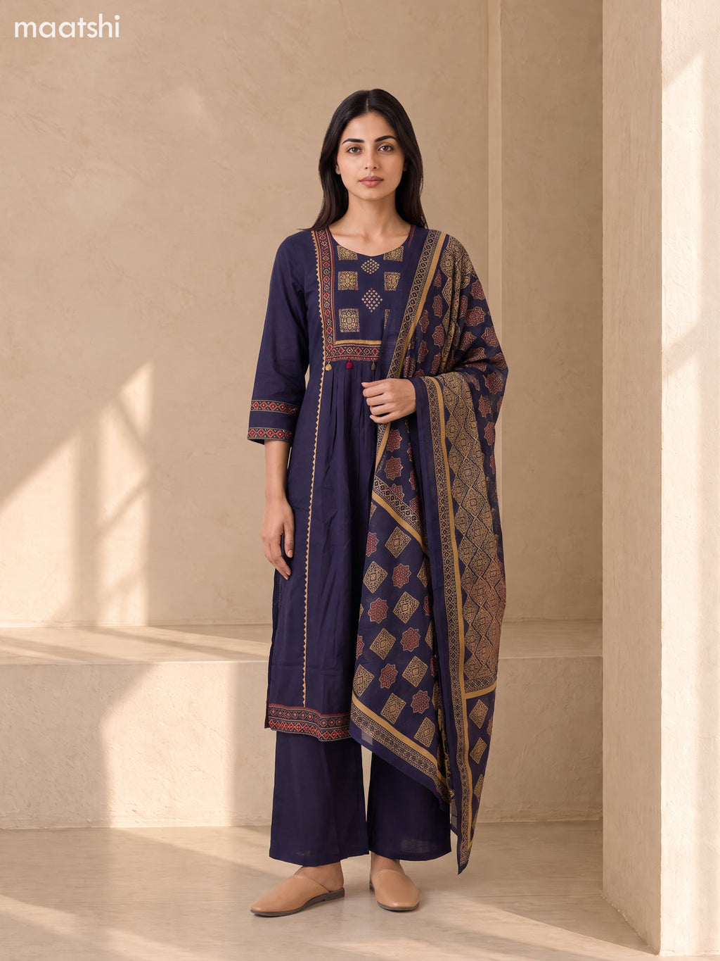 Deep Navy Blue Cotton Printed & Simple Embroidery Work Straight Suit