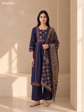 Deep Navy Blue Cotton Printed & Simple Embroidery Work Straight Suit