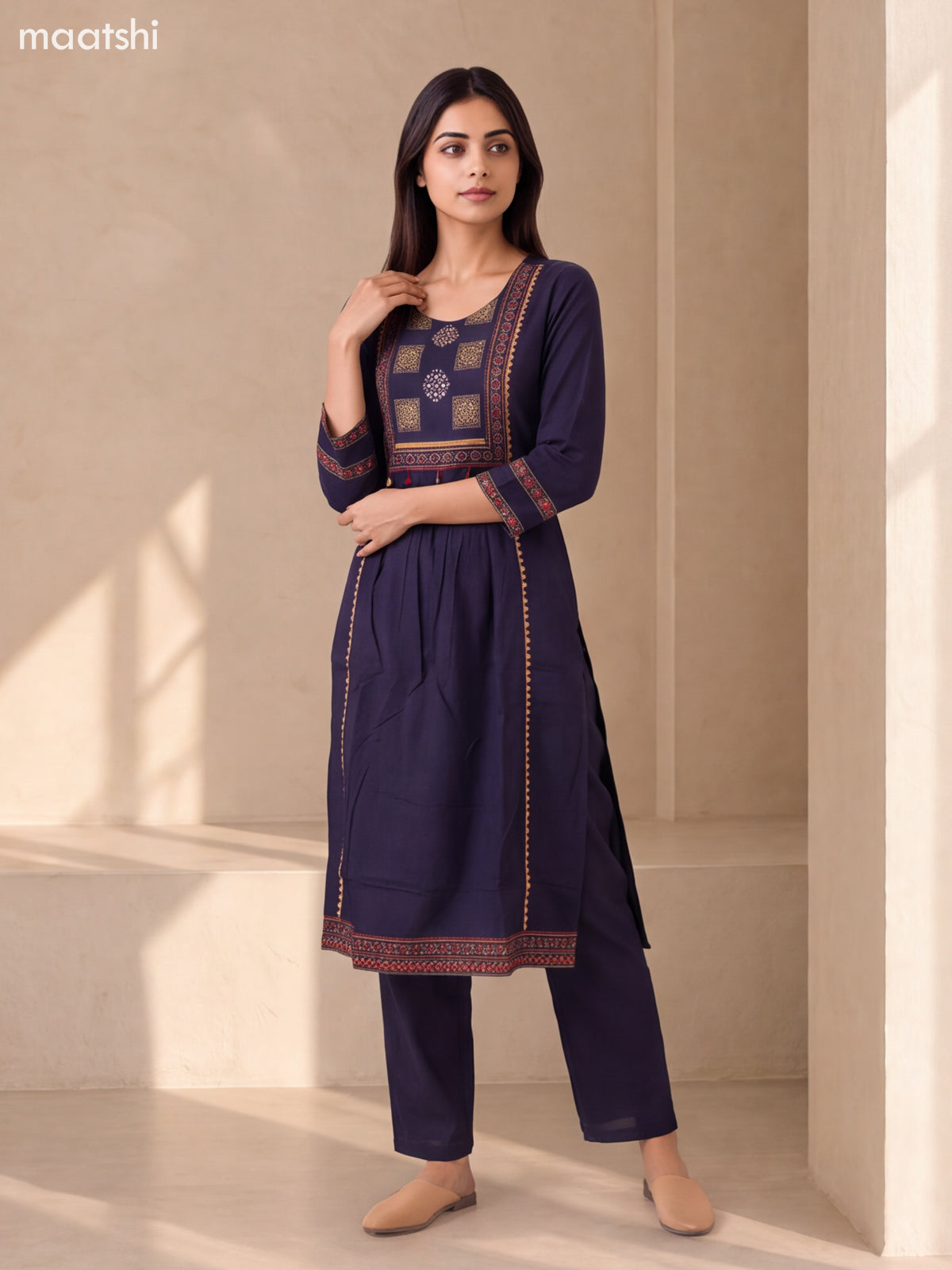 Deep Navy Blue Cotton Printed & Simple Embroidery Work Straight Suit