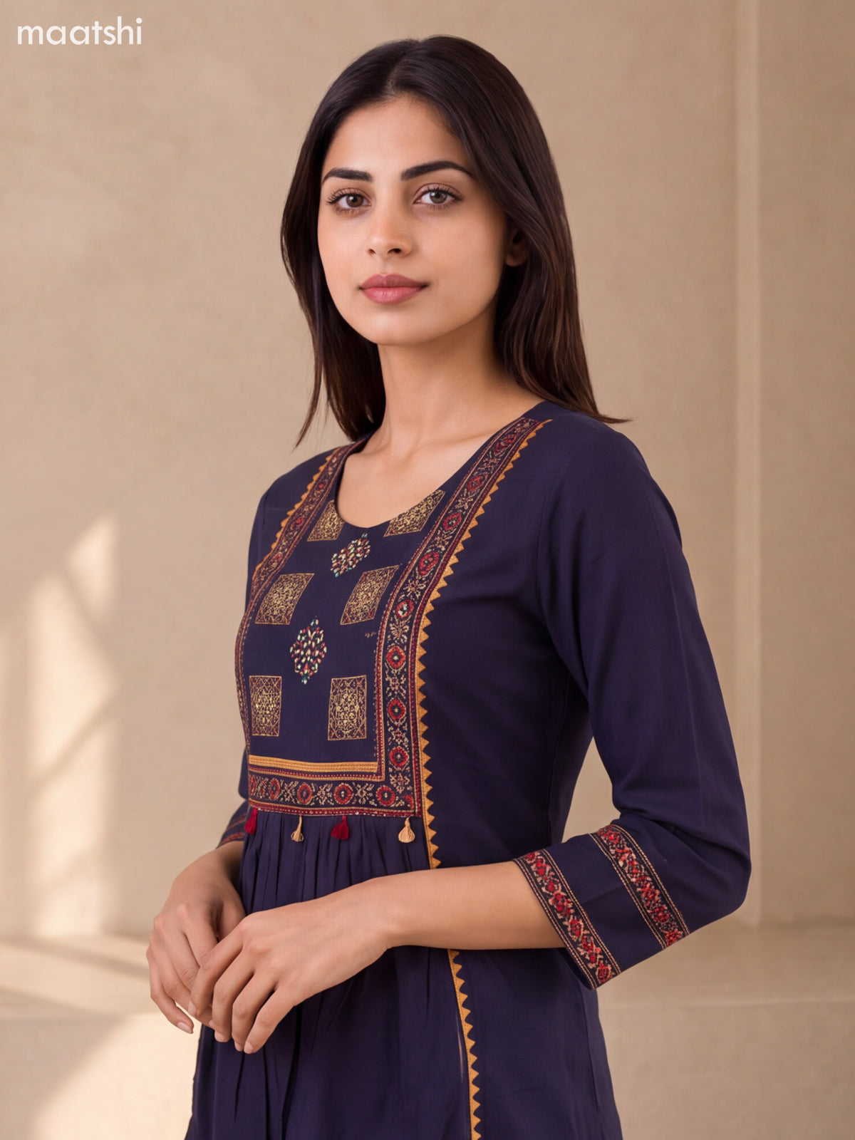 Deep Navy Blue Cotton Printed & Simple Embroidery Work Straight Suit