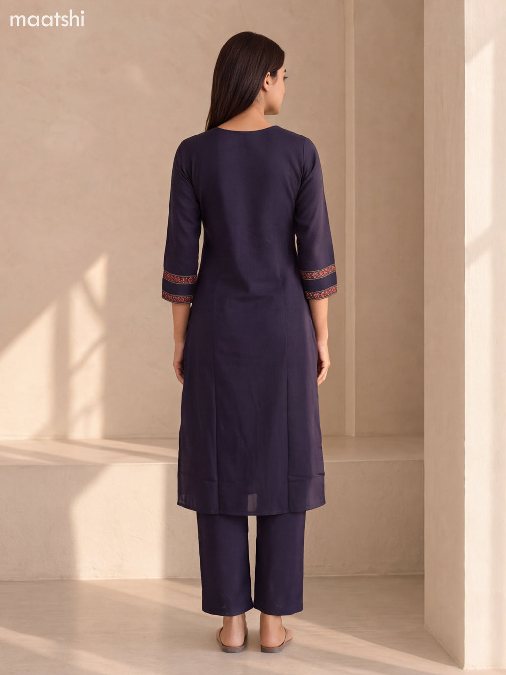 Deep Navy Blue Cotton Printed & Simple Embroidery Work Straight Suit