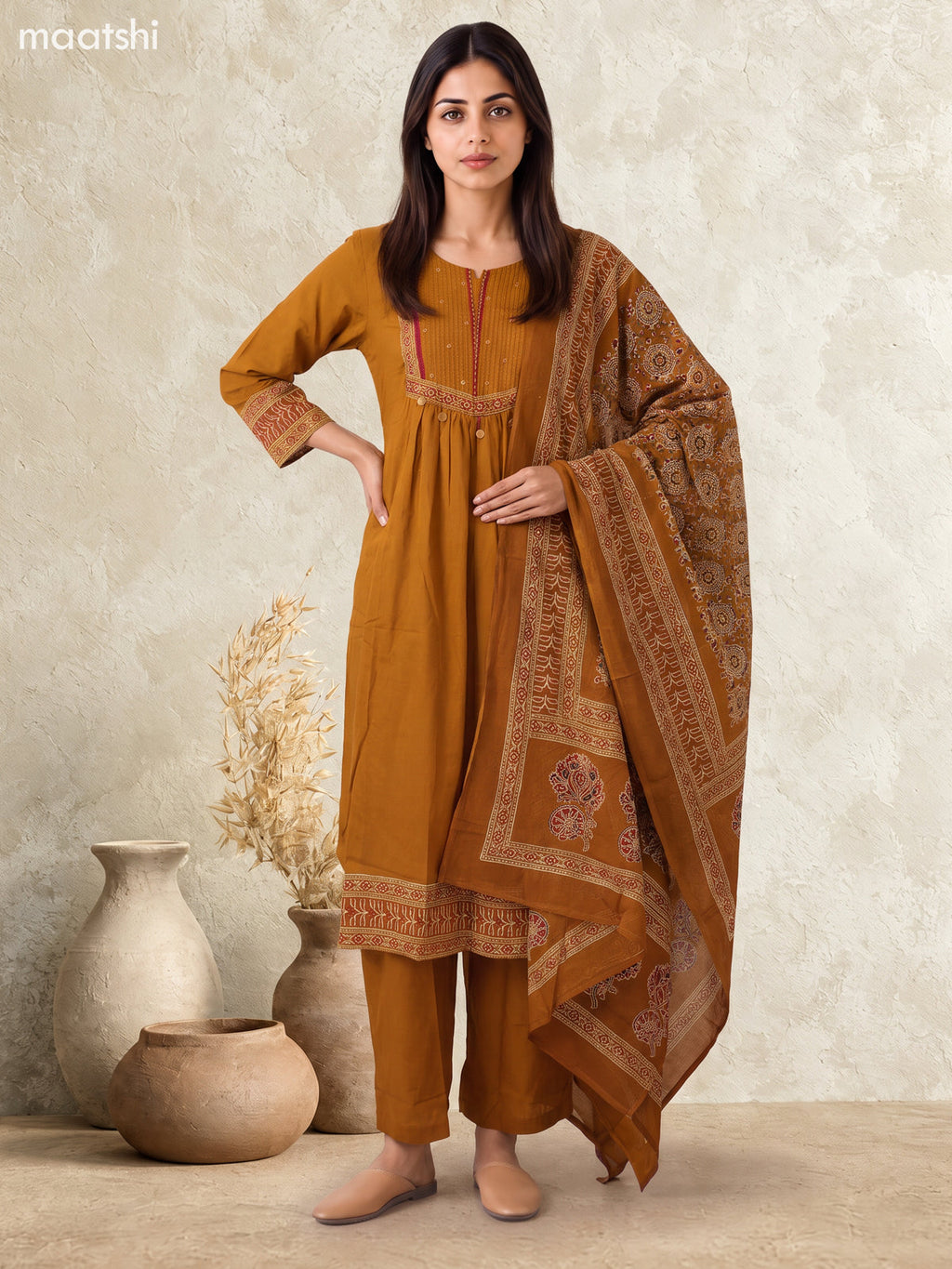 Dark Mustard Cotton Printed & Simple Embroidery Work Straight Suit