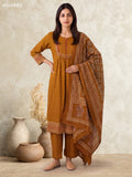 Dark Mustard Cotton Printed & Simple Embroidery Work Straight Suit