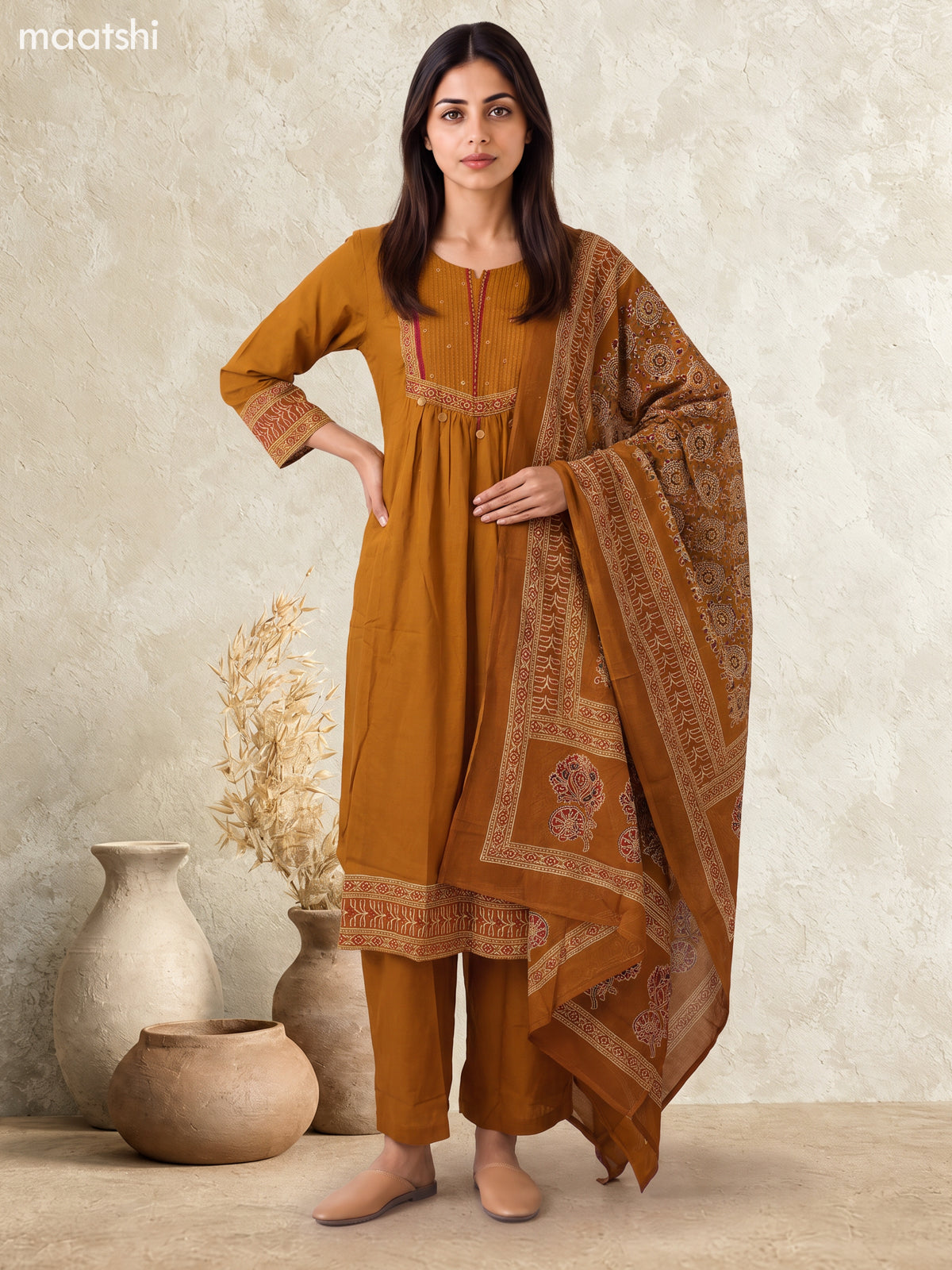 Dark Mustard Cotton Printed & Simple Embroidery Work Straight Suit