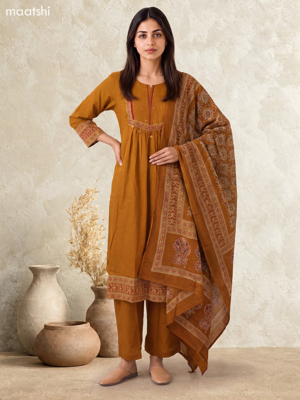 Dark Mustard Cotton Printed & Simple Embroidery Work Straight Suit