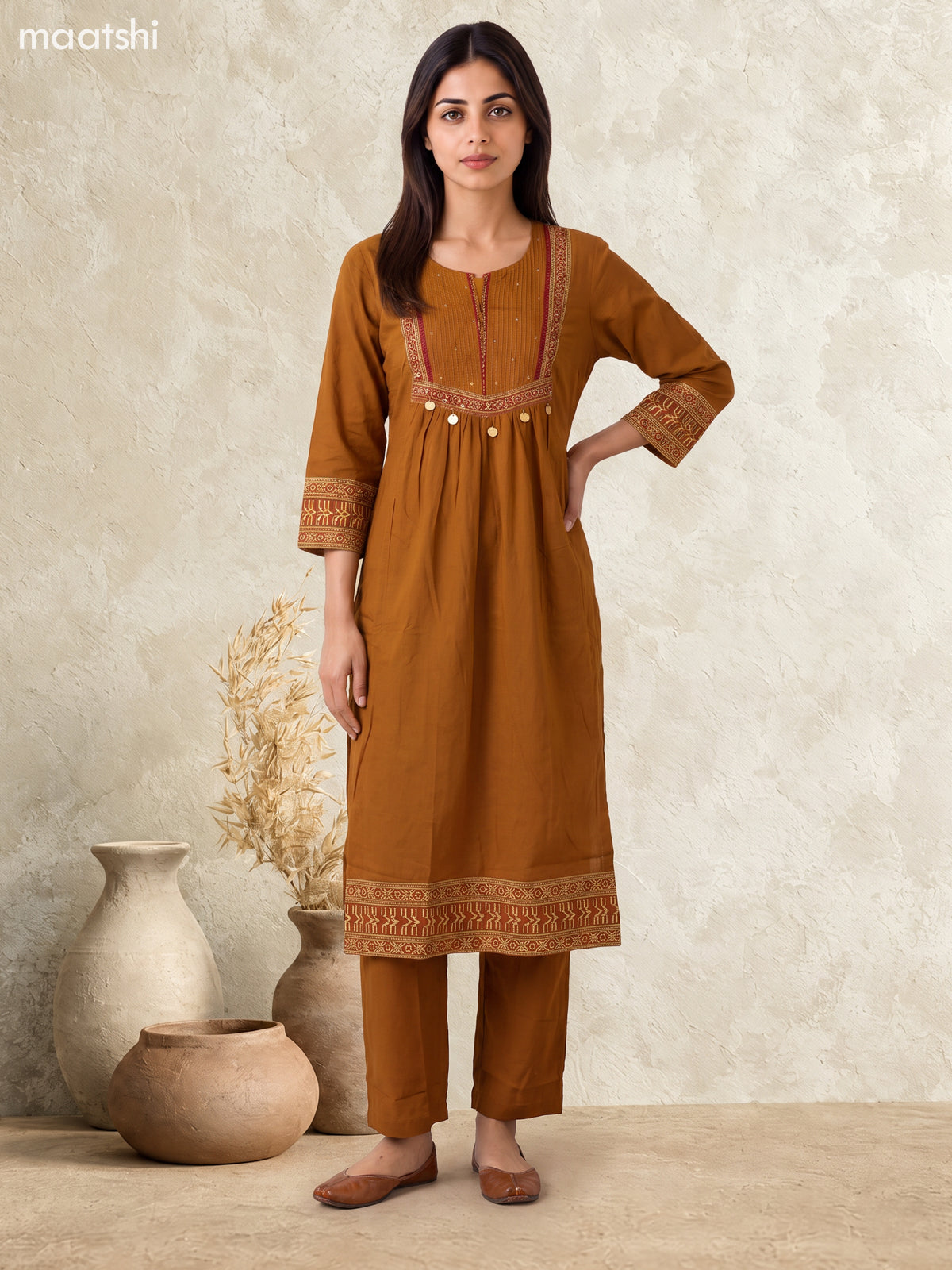Dark Mustard Cotton Printed & Simple Embroidery Work Straight Suit