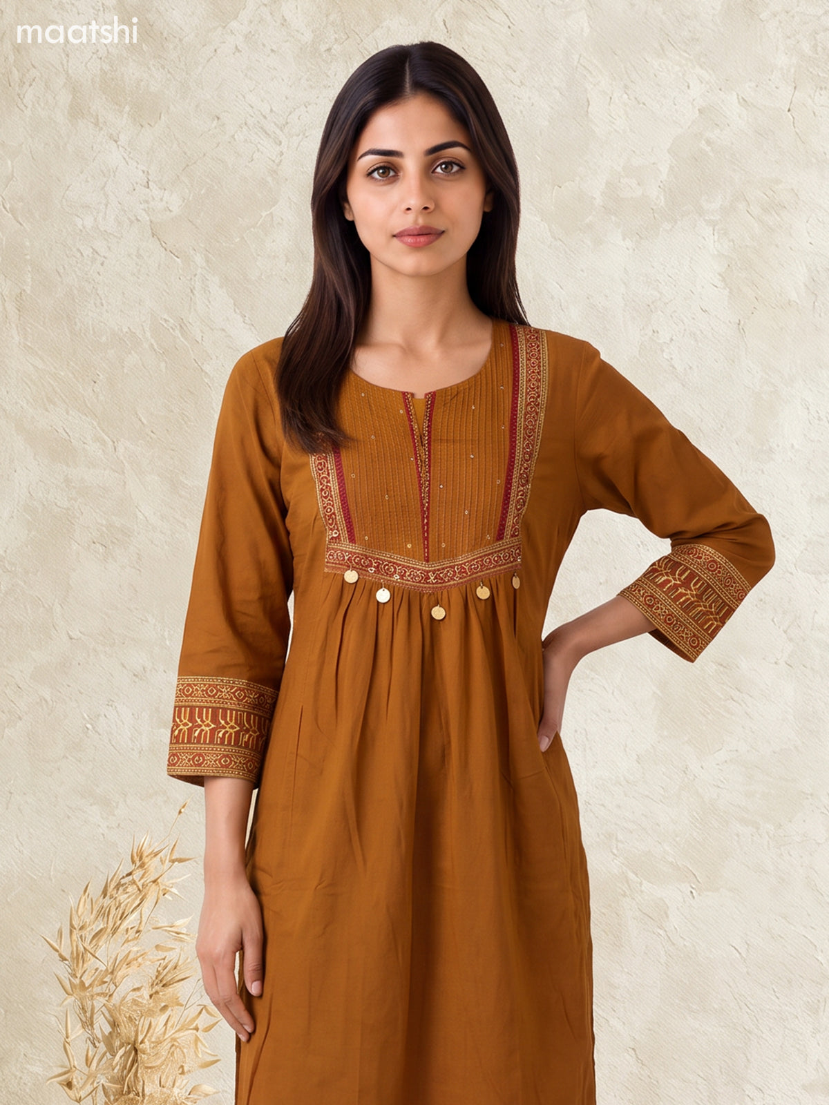 Dark Mustard Cotton Printed & Simple Embroidery Work Straight Suit