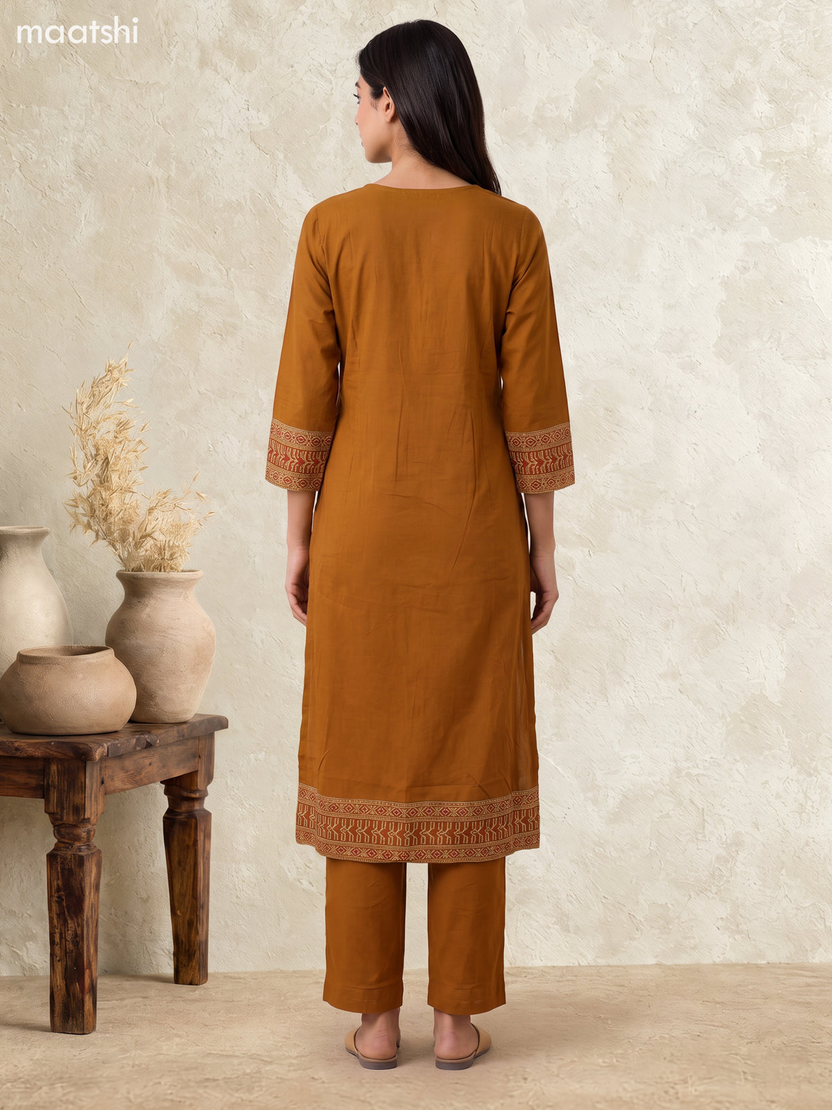 Dark Mustard Cotton Printed & Simple Embroidery Work Straight Suit