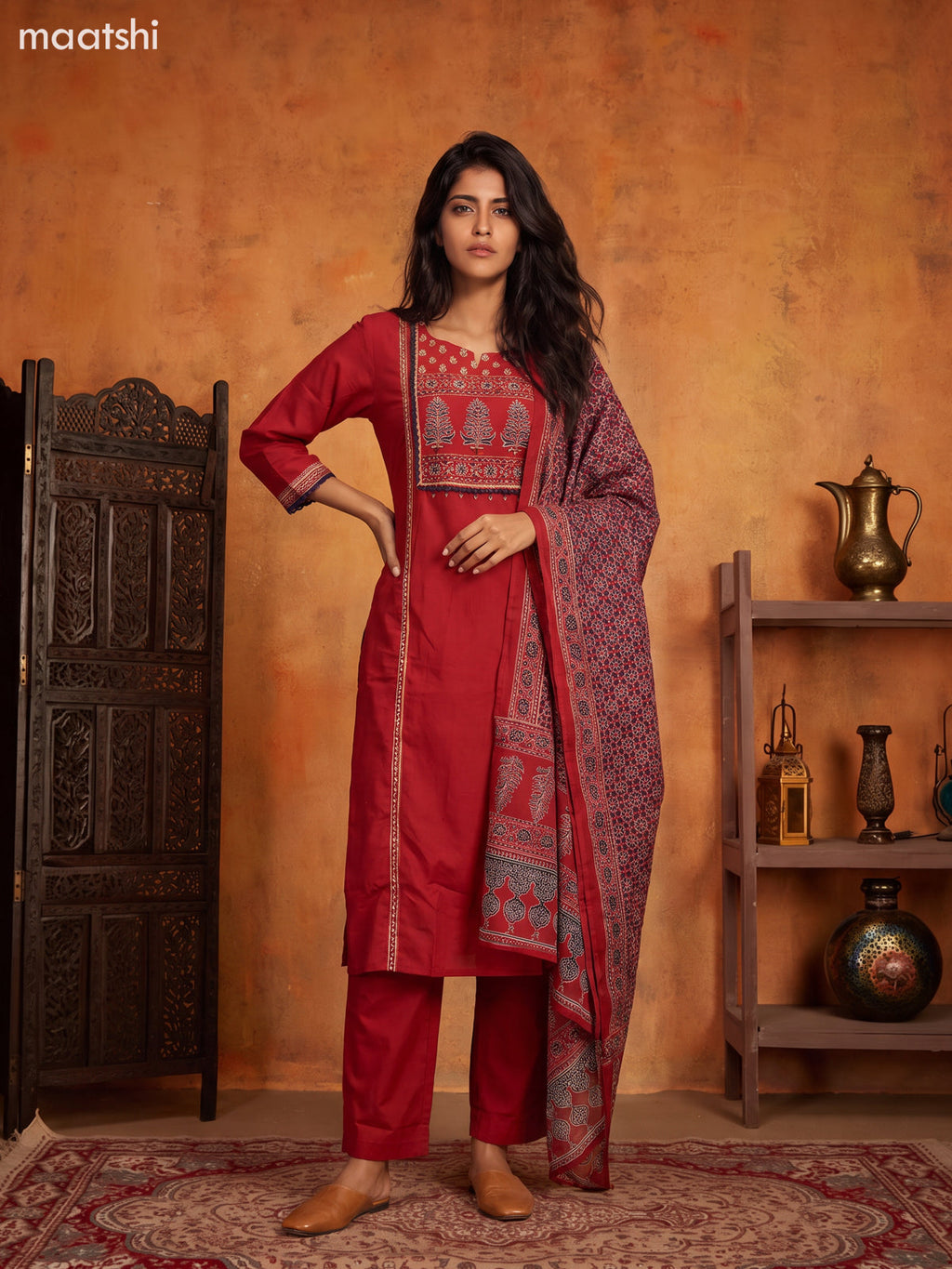 Kumkum Red Cotton Printed & Simple Embroidery Work Straight Suit
