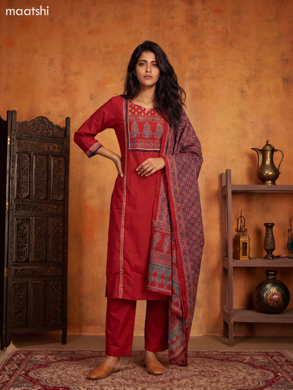 Kumkum Red Cotton Printed & Simple Embroidery Work Straight Suit